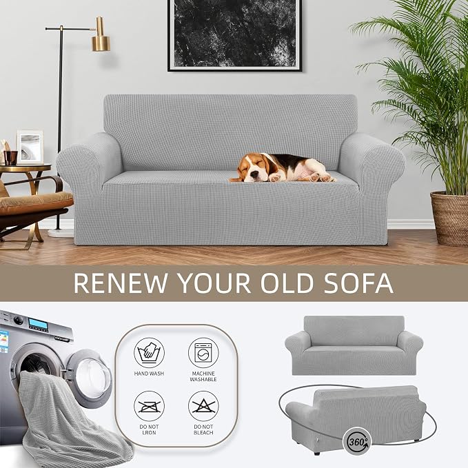 Stretch Loveseat Couch Cover, 2 Cushion Couch Slipcover,Silver | 1-Piece Washable Sofa Cover Pet Friendly (55"-78") Furniture Protector Soft Jacquard, Elastic Bottom for Dogs & Kids