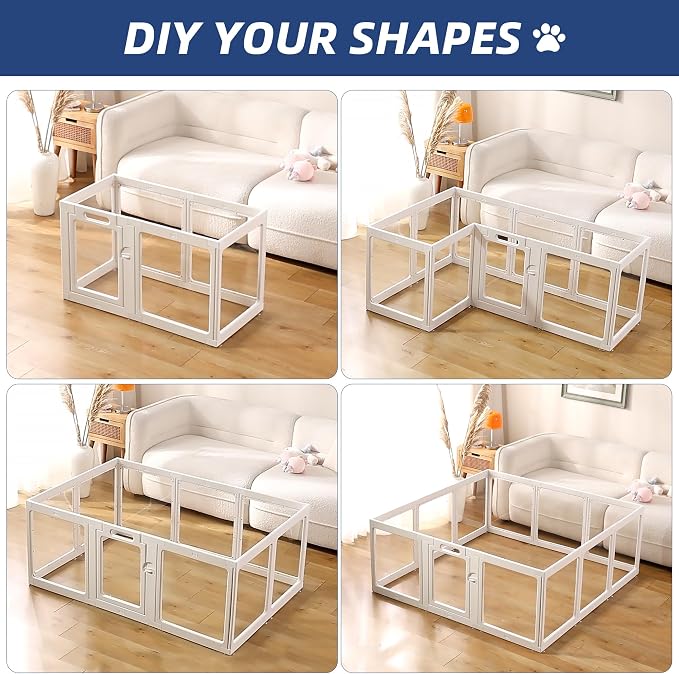 Clear Acrylic Dog Playpen Indoor, Puppy Cat Small Pet Play Pen, Pet Cat Playpen for Rabbits, Dog Fence Crate Kennel Whelping Cage (30", White, 8 Panel)