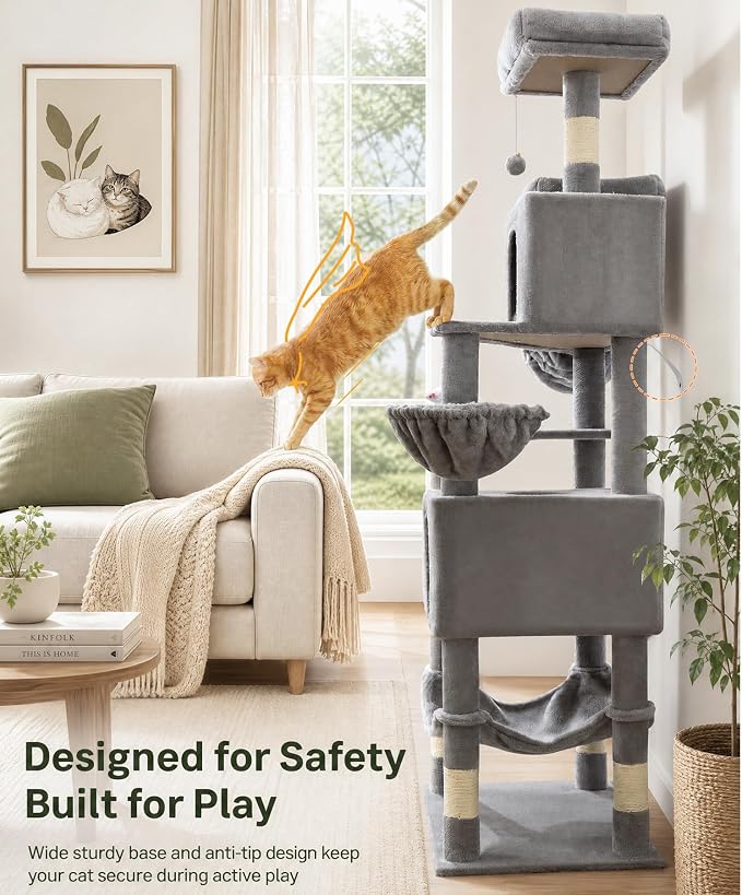 AMHANCIBLE 70 Inch Cat Tree for Large Cats, Multi-Level Cat Tower | Cat Houses & Tree Tower with 2 Condos, 8 Sisal Posts & Hammock for Indoor Cats Large Adult, Grey