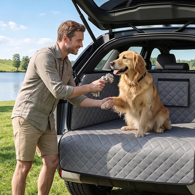 PETICON SUV Cargo Liner for Dogs, Pet Trunk Cover with Cushioned Sides | Full Coverage Non-Slip Cargo Cover with Bumper Flap Protector, Waterproof 600D Oxford, 28D High-resilience Foam, Safer Rides