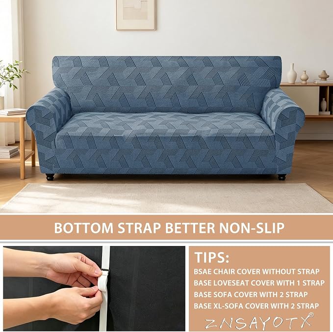 ZNSAYOTX Stretch Couch Covers for 3 Cushion Couch, 1-Piece Sofa Cover Slipcover Pet Friendly, Furniture Protector with Elastic Bottom for Dogs Geometrical Jacquard Fabric (Large, Dark Grey)