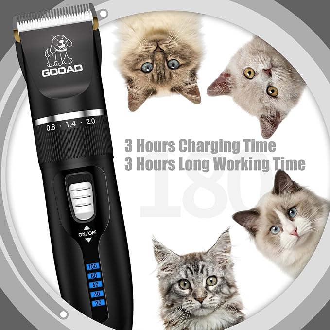 Quiet Cat Clippers & Cat Grooming Kit for Matted & Long Hair | 250Min Cordless Pet Shaver, Low Noise Pet Hair Trimmer for Grooming,2in1 Wide & Narrow Blades,4 Combs,Scissors & Glove(Black)
