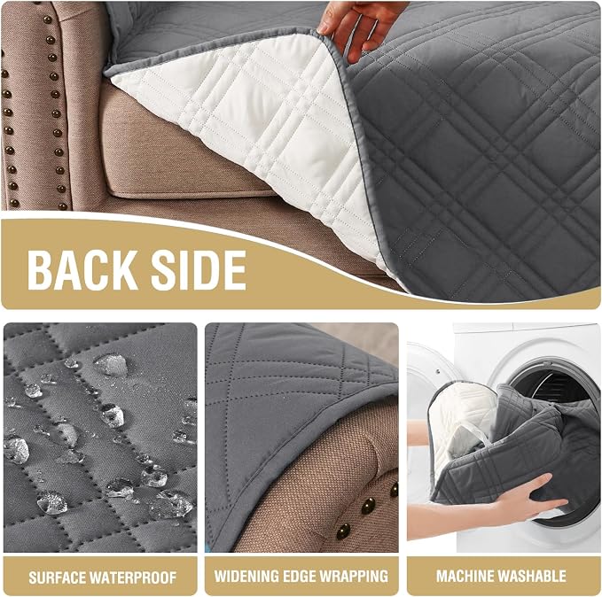 H.VERSAILTEX 100% Waterproof Loveseat Covers for 2 Cushion Couch Modern Sofa Covers Waterproof and Washable Thick Soft Couch Cover for Dogs with Elastic Straps (Loveseat, Grey/Beige)