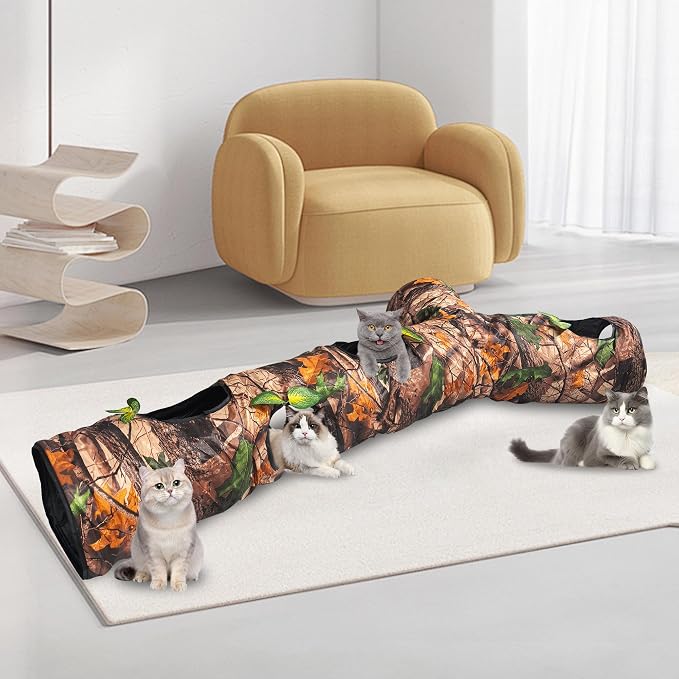 Cat Tunnels for Indoor Cats Large, 3 Way Cat Tunnel with 5 Holes and Leaves, Cat Tunnel Toy with Loud Paper - Pop Up Collapsible - Connect More Tunnels for Large Cat, Puppy, Kitten