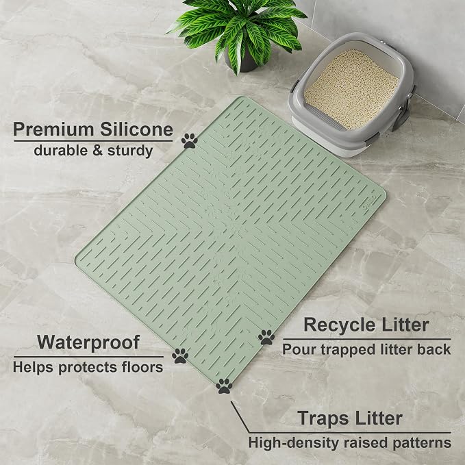 Large Cat Litter Mat, 31.5x23.6 Silicone Trapping Mat Sage Green | for Kitty Litter Box, Easy Clean, BPA Free Rubber, Center Litter Collection, Easy Pour-Back, Waterproof, Odor-Resistant