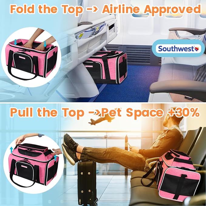 Petskd Top-Expandable Small Pet Carrier 18"x13"x9.5" Airline Approved | for Southwest Airlines, Lockable Safety Zippers and Anti-Scratch Mesh, Soft-Sided, Pets Under 10 Lbs, Pink