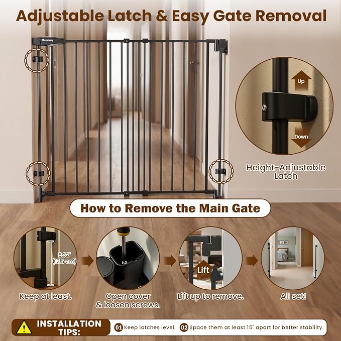 Mumeasy 36" Tall Baby Gate for Stairs, 29.5-43.3" Expandable Hardware Mounted (Drill Needed), Removable No Bottom Bar Dog Gate, Auto Close Wide Walk Thru Safety Gate for Doorways, Pets& Toddlers,Black