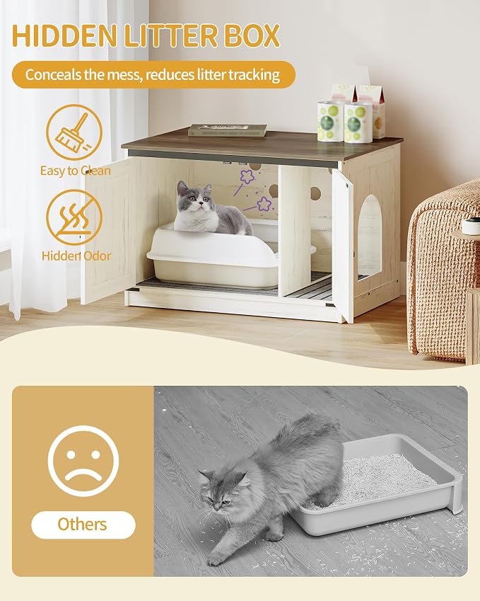 Hzuaneri Cat Litter Box Enclosure, Hidden Litter Box Furniture with Divider | Wooden Cat Cabinet with Removable Dividers, Reversible Entrance Left or Right Side, Cat Washroom, Rustic White Brown CB84614X