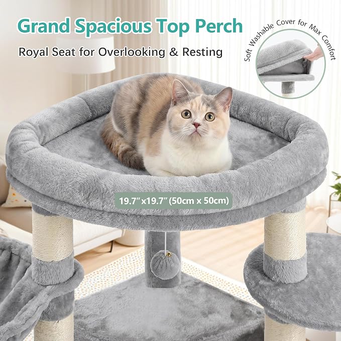 Cat Tree, 81.1" Skyward Corner Cat Tower for Large Cats VCT031W | Space-Smart Cat Furniture with Diamond Hideout, Grand Platform, Firm Base, 3 Soft Hammock & Pet Relax Station, Light Gray