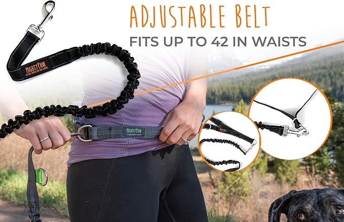 Mighty Paw Hands Free Dog Leash | Bungee Waist Leash for Dog Walking. Pet Running Hands Free Tether for Large, Medium & Small Breeds. Pet Waist Belt (36" - 48") Up to 150 lbs - Black