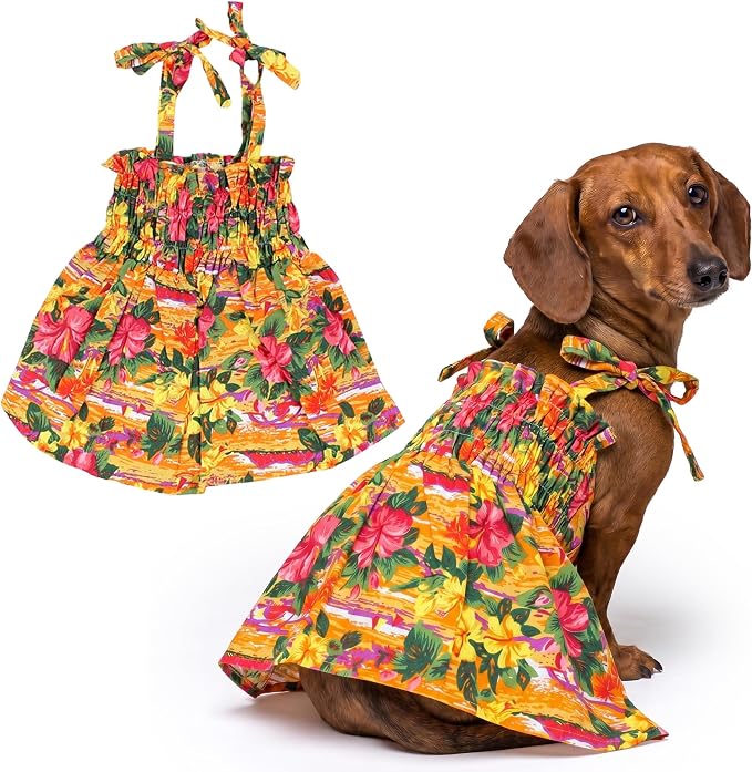 Parisian Pet Hawaiian Dog Dress - 100% Cotton Summer Clothes for Large Dogs Girl - Pet Dress with Pull-Up Straps - Floral Beach Dog Outfit - Lightweight Puppy Clothes - Stylish Dresses for Dogs