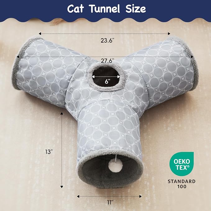 Tempcore Cat Tunnel for Indoor Cats Fleece-Lined in for Warmth, 3 Way Collapsible Pet Play Tunnel with Teaser Wand, Peek Holes & Hanging Ball, Interactive Tube for Kittens & Rabbits, Geometry Grey