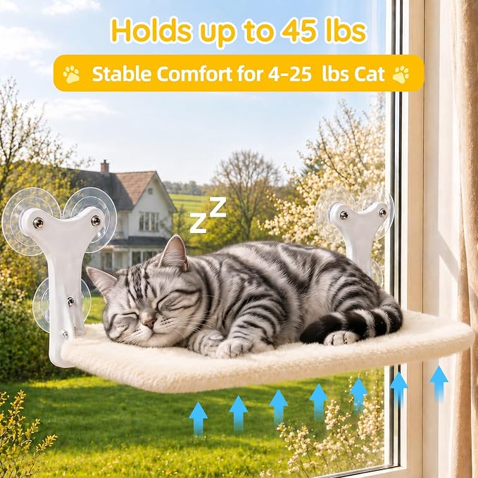 Aysoner Suction Cat Window Perch: 6 Suction Cups Sturdy Hold Up to 45lbs | 1-Second Stick on Glass & No-Drill - Heavy Duty Indoor Hammock Seat for Chunky Cats Safety to Sunbathe & View