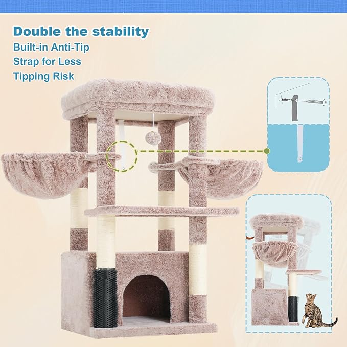 Hey-brother Cat Tree Tower with Large Platform, Spacious Condo, MPJ060MU | 35.4 Inches, 2 Cozy Hammocks, Self-Grooming Brush, Sisal Scratching Posts for Big Indoor Adult, Maine Coon, Muchroom