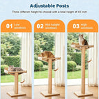 46" Tall Cat Scratching Post with Window Perch | Natural Linen Mat, 3-Piece Detachable Sisal Posts, Drill-Free Suction Cup Mount, Elevated Privacy Hammock, 45 LBS Capacity