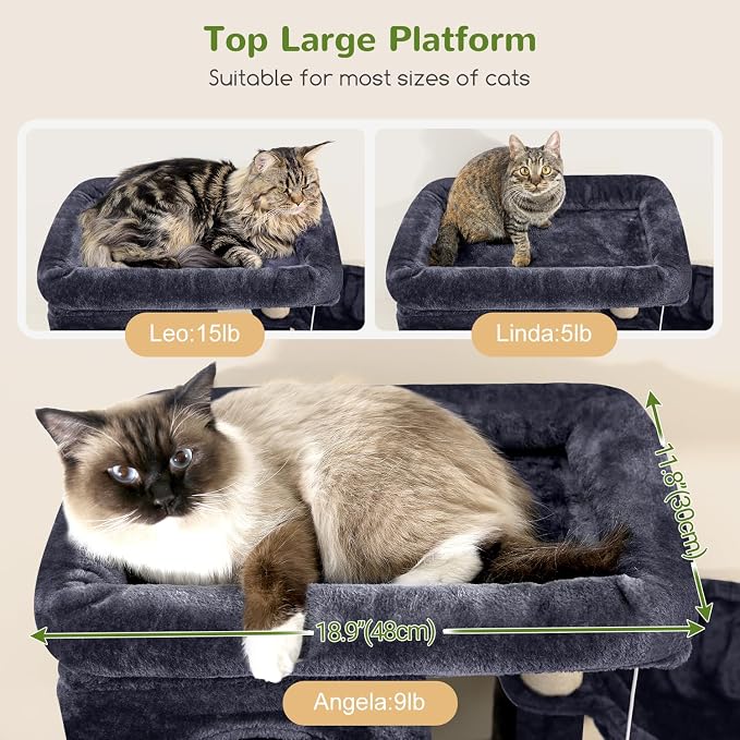 Globlazer F66 Corner Cat Tree, 66in Multi-Level Climbing Tower, Dark Grey | Kitty Condos Cat Scratching Tower for Indoor Multiple Cats with Large Platform, 3 Cat Caves, Hanging Basket