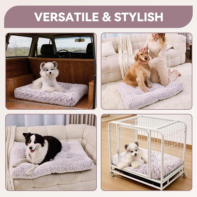 Orthopedic Dog Bed for Dogs, Calming Plush Dog Mat with Thick Cushion Support, Washable Fluffy Pet Bed with Non-Slip Bottom, Soft Indoor Dog Crate Bed (Purple, 23.0" L x 18.0" W x 3.0" Th)