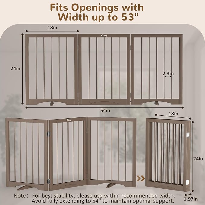 Free Standing Dog Gate Indoor, Foldable Dog Gate for Doorways Stairs | 3-Panel Freestanding Pet Gate with Support Feet for Stability, Folding Puppy Gate Easy to Move, Doggy Gate 54"x24", Brown