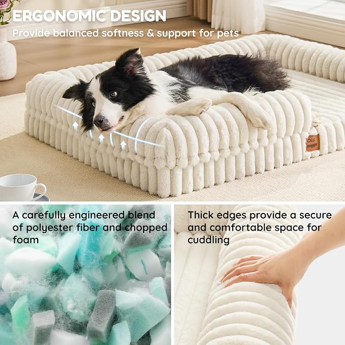 ChiXnuggle Faux Fur Orthopedic Dog Bolster Bed, Waterproof Washable Cover | rectangular dog sofa couch,egg crate foam,non-slip bottom,for extra large dogs,cream,41*30*7