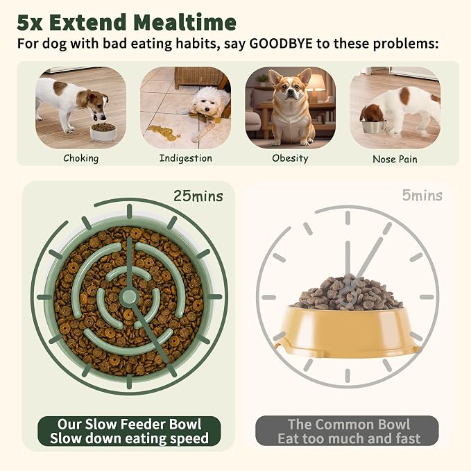 Elevated Slow Feeder Dog Bowl, 8.8" Ceramic Maze Dog Bowl with Stand | 3.2 Cups Slow Feeding Dog Dish for Fast Eaters, 7" Tall Anti-Slip Raised Slow Feeder for Medium to Large Breeds, Green