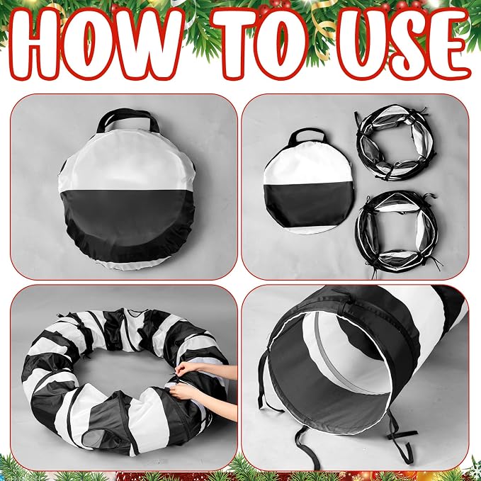 4' x 4' x 11.8'' Cat Tunnel Christmas Tree Skirt Black and White Cat Tunnel Bed Under Christmas Tree 142'' Long Detachable Donut Tube for Indoor Cats Xmas Kitty Cave for Kitten Kitty
