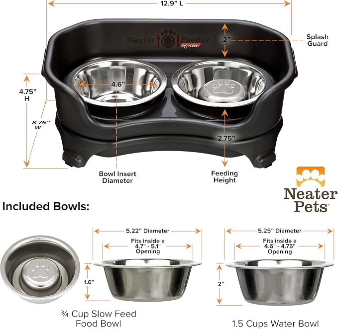 Neater Feeder Express Mess Proof Dog Bowls Elevated for Small Breed – Made in USA – No Spill Raised Slow Feeder Elevated Dog Bowl Stand, Stainless Steel Food and Water Bowl Set, Black