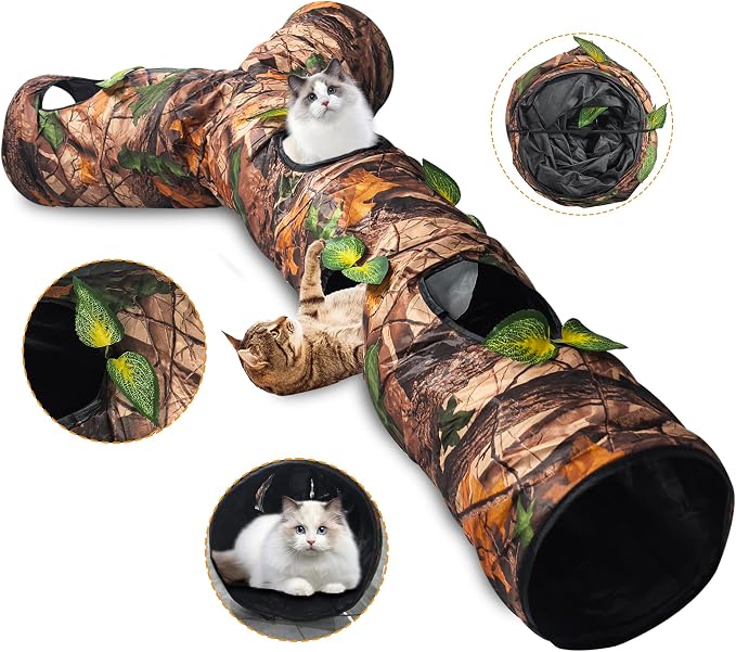 Cat Tunnels for Indoor Cats Large, 3 Way Cat Tunnel with 5 Holes and Leaves, Cat Tunnel Toy with Loud Paper - Pop Up Collapsible - Connect More Tunnels for Large Cat, Puppy, Kitten