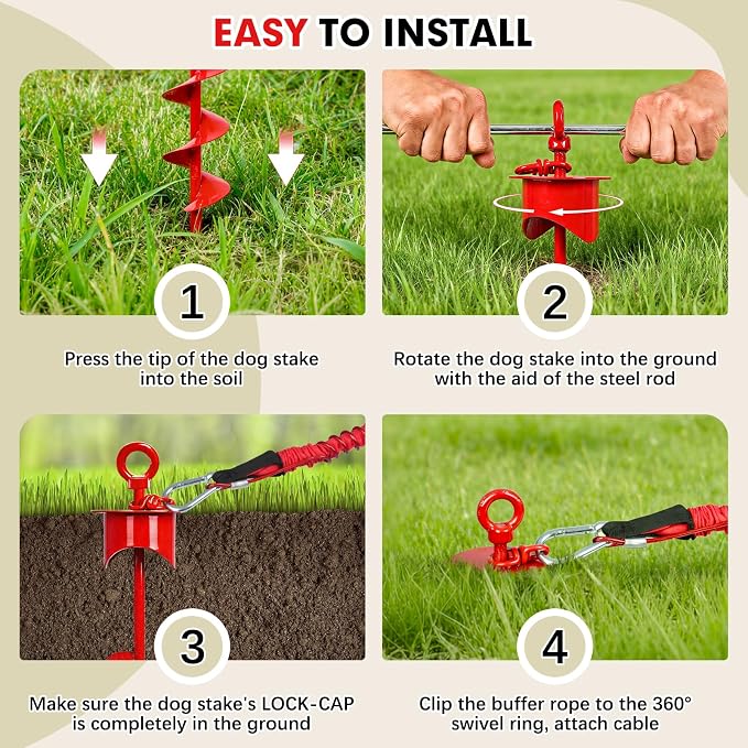 Snagle Paw Dog Tie Out Cable and Stake with Lock-Cap,Heavy Duty 30FT Dog Yard Leash & Stake with Shock Absorbing Bungee Tether,Rust Proof Ground Anchor for Yard, Beach, Camping & Outdoor,up to 360 Lbs