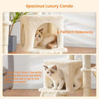 Heybly Cat Tree with Cat Self Groomer Brush, 42.5 inch HCT005SM | Cat Tower Condo for Indoor Cats with Padded Plush Perch, Cat House with Basket Scratching Board Post, Beige