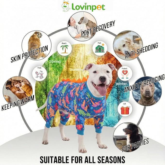 LovinPet Large Dog Pajamas, Four-Leg Stretch Onesie Bodysuit, Lightweight UV-Shielding Pajamas, Anti-Lick Calming Recovery Suit for Surgery, Pull-On for Medium and Large Breeds,Green,M