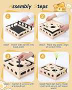 Cat Toys for Indoor Cats – Interactive Wooden Puzzle Box | with Nail File Scratcher, 3 Jingle Balls & Feather Wand, Hunting Play Toy for Bored Felines