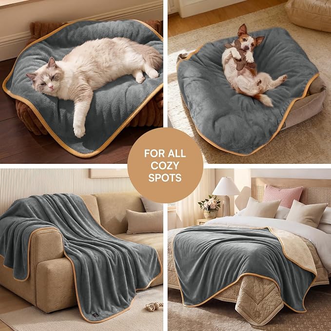 Luciphia Waterproof Pet Blanket, Washable Reversible Sherpa Fleece Throw | Liquid-proof furniture protector for bed and couch, soft reversible sherpa fleece for dogs, cats grey, XL