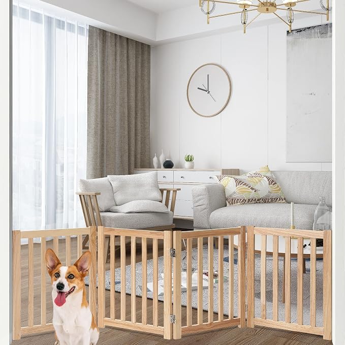 LZRS Wooden Free Standing Foldable Dog Gate Indoor – 80" W x 24" H, Extra Wide Step-Over Safety Pet Gate for Doorways, Stairs, Hallways, Large Spaces & Playpen for Puppies Indoor Use, Natural