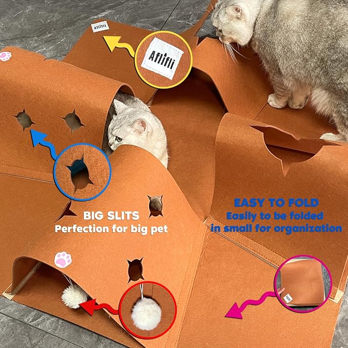 Interactive Cat Tunnel Mat for Indoor Cats, 4-Way Felt Cat Cave with Hanging Ball, Foldable Kitty Play Mat and Hideout, Pet Enrichment Toy for Kittens, Rabbits, Small Pets | 35.4" Multi-Entrance Cat Play Tunnel with Cozy Hideaway Space, Provides Enrich...