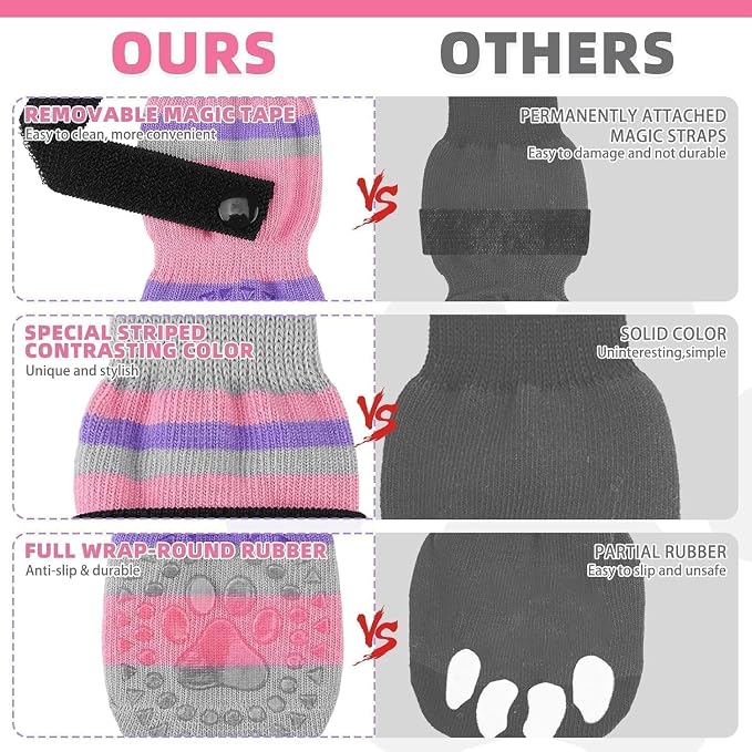 KOOLTAIL Anti Slip Dog Socks for Hot/Clod Pavement to Prevent Licking Paws with Grippers, 3 Pairs Paw Protector, Double Sides Stripe Dog Shoes Toe Grips for Small Medium Large Senior Dogs