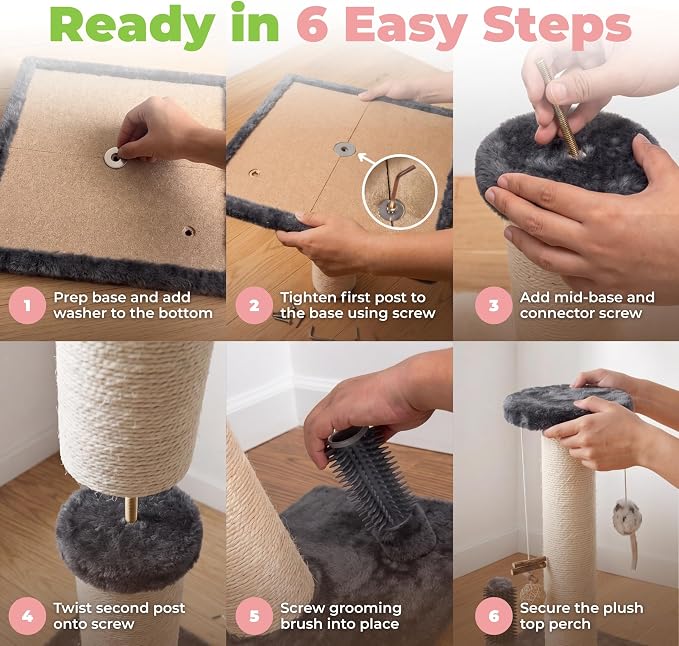 Best Pet Supplies Catify Cat Scratching Post - Gray H: 25" | 11" x 11" x 25", Interactive Cat Pole, Built-In Toys, Durable Sisal, Furniture Protector, For Indoor Kittens and Cats