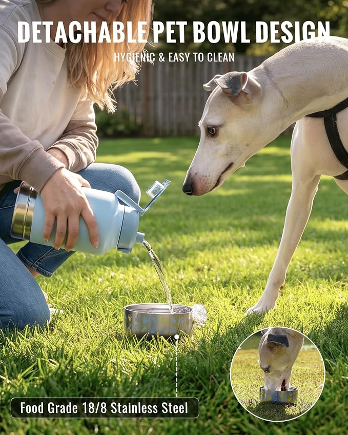 GiNT 37oz Insulated Stainless Steel Dog & Human Water Bottle, All-in-1 Travel Dispenser with Detachable Bowls & Carrying Case, Leak-Proof Pet Canteen for Walking, Hiking, Camping, Car (Blue)