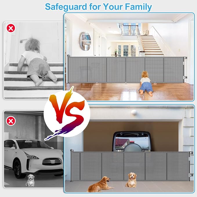 EZIGO 150 Inch Retractable Baby Gates Extra Wide Reinforced Baby Dog Gate | 34 Inch Tall Retractable Dog Gate with Reinforced Strip Mesh Safety Pet Gate for Stairs Hallway Doorway Indoor Outdoor, Gray