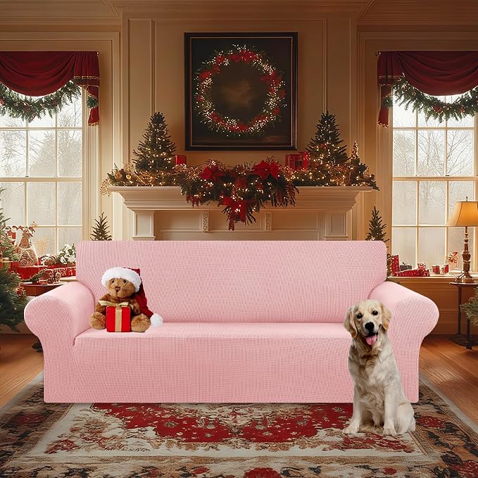 Stretch Oversized Couch Covers for Sofa Slipcover,Dusty Pink | 1-Piece Washable Sofa Cover (94"-110") 4-Seater Furniture Protector, Soft Jacquard Non-Slip Elastic Bottom for Dogs & Kids