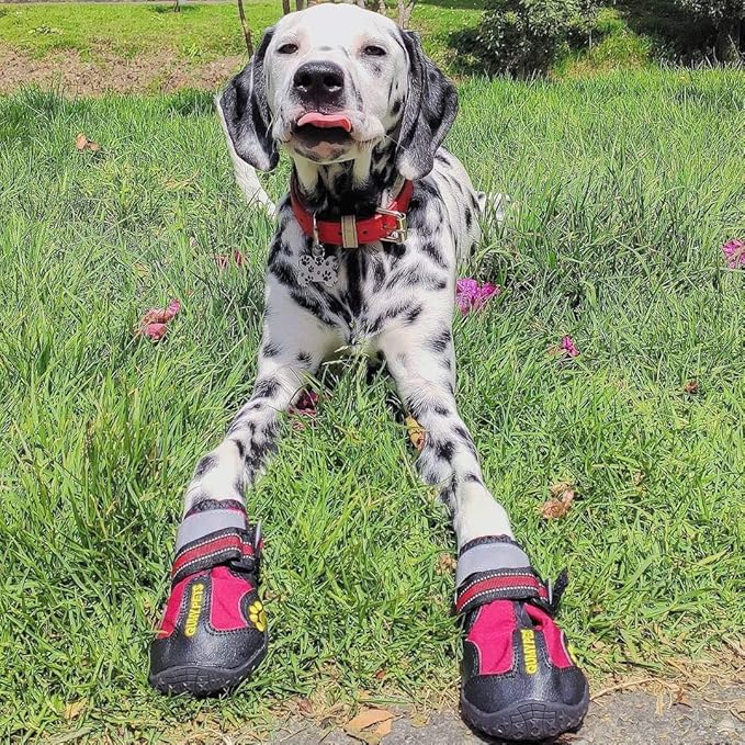 QUMY Dog Shoes for Hot Pavement, Dog Snow Boots & Paw Protectors for Winter | Dog Booties Medium Large Size Dogs, Water-resistant in the Rain, Outdoor Walking, Indoor Hardfloors Skid-resistant Sole Red