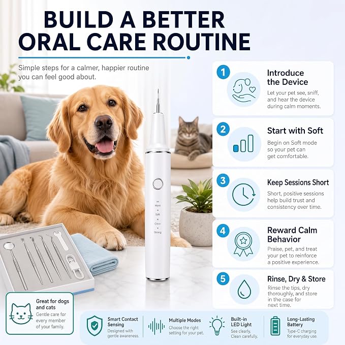 Dog Teeth Cleaning Kit, Ultrasonic Dog Plaque and Tartar Remover | Contact-Activated Pet Dental Care Tool with 3 Modes, 4 Heads, LED Light, IPX6 Rechargeable Dog Cat Teeth Cleaner - White