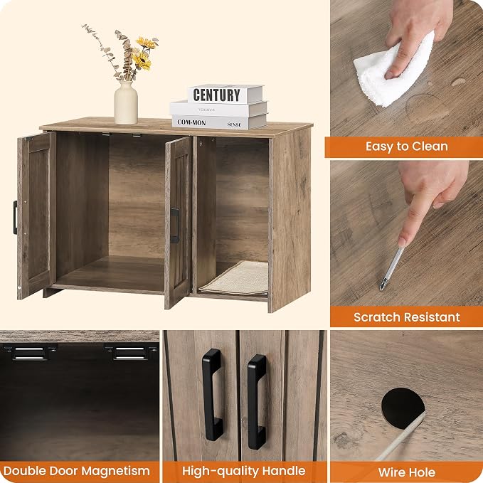 Dwanton Litter Box Enclosure, Cat Litter Box Furniture Hidden, with Scratching Mat, Wooden Cat Washroom Indoor, 31.5" L x 19.7" W x 21.7" H, Greige