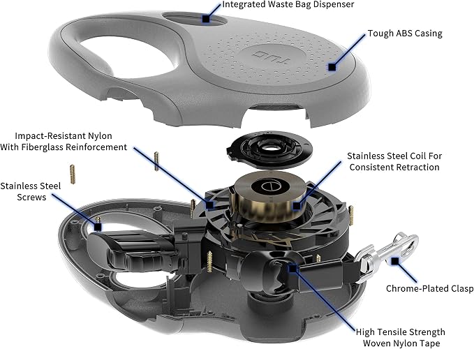 TUG Oval 360° Tangle-Free Retractable Dog Leash with Integrated Waste Bag Dispenser (Medium, Grey)