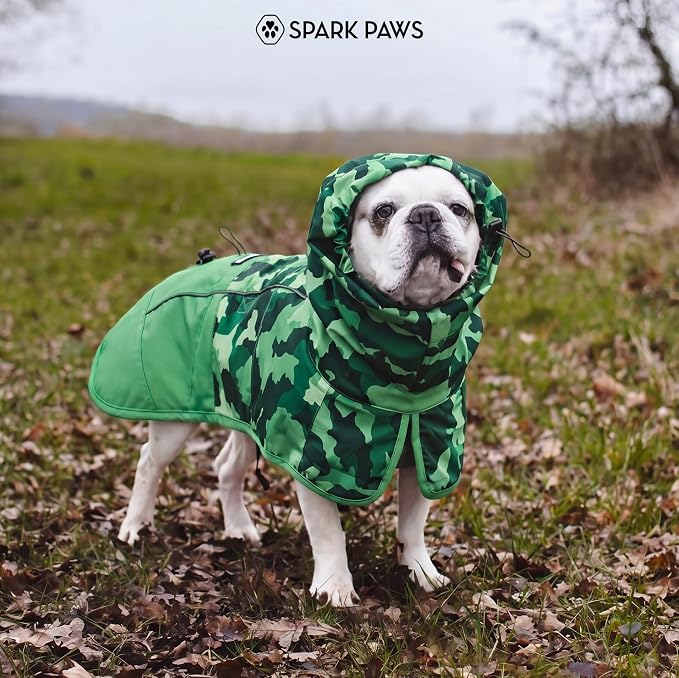 Spark Paws Dog Raincoat, Waterproof Windproof Rain Jacket, for Small Medium Large Extra Large Dogs, Reflective Breathable Full-Body Coverage Dry Suit - Camo Green - 3XL