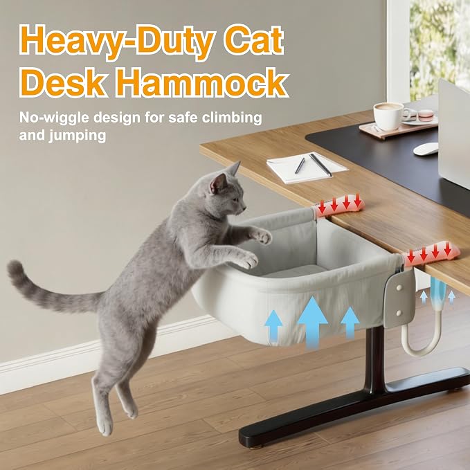 Extra-Sturdy Cat Desk Bed for Large Cats 50lbs Desk Cat Bed Attachment | for Desktop under 3", Heavy Duty, Paw Design, Waterproof, Dual-Sided Mat, Easy Assembly for Gaming Desk & Kitchen Island