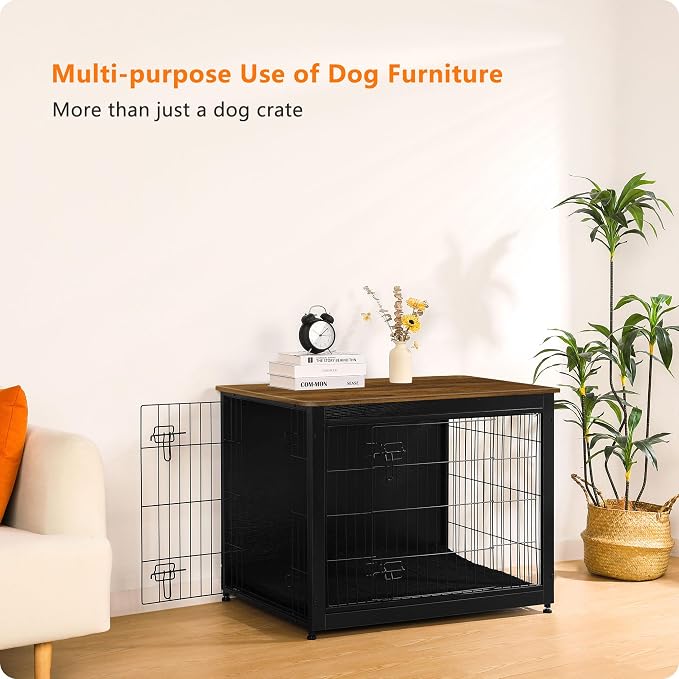 DWANTON Dog Crate Furniture with Cushion, Wooden Kennel Table with Double Doors, Indoor Dog House, Large Size, 38.5" L, Black+Warm Brown