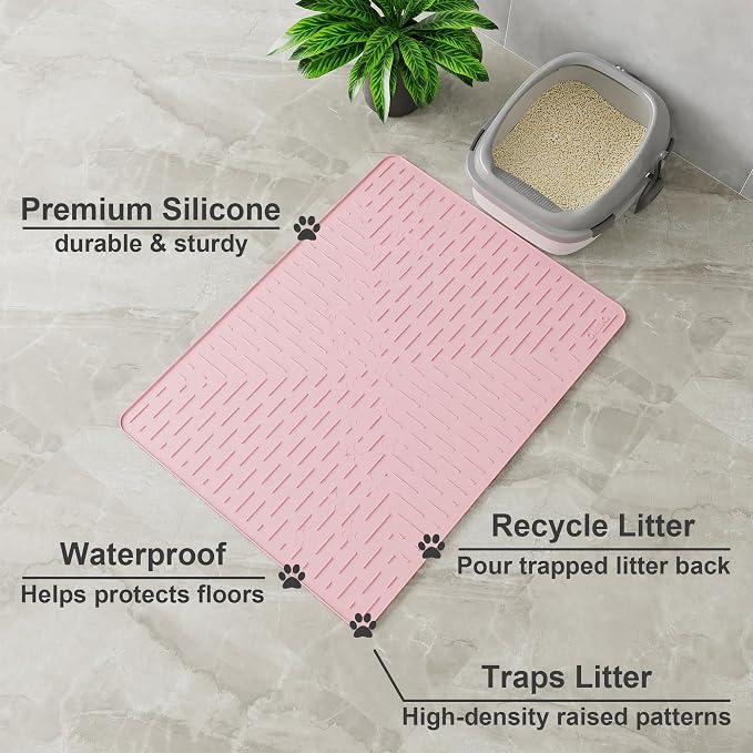 Large Cat Litter Mat, 31.5x23.6 Silicone Trapping Mat Pink | for Kitty Litter Box, Easy Clean, BPA Free Rubber, Center Litter Collection, Easy Pour-Back, Waterproof, Odor-Resistant