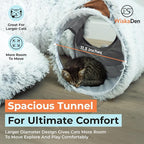 WiskaDen XL Plush Cat Tunnel Bed with Toy and Elderly Feline Access. 3-in-1 Light Grey Fluffy Donut Cushion with Ears. Circle Tube for Indoor Cats Leisure, Hiding Spot, Dog Bed, or Rabbit Cave