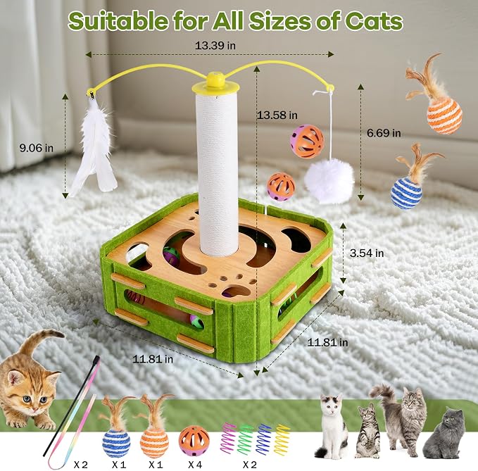 5-in-1 Cat Puzzle Box Toy for Indoor Cats Boredom Relief Interactive Wooden Cat Enrichment Maze with Balls, Feather Wands & Spiral Springs, Slow Feeder Treat Dispenser for Kittens & Adult Cats