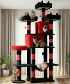 Gothic Cat Tree, 71 Inch Heavy Duty Cat Trees for Large Cats | Cat Tree Tower for Indoor Cats Large Adult with Cat Scratching Post & 2 Condos, 9 Sisal Posts & Hammock, Black Red